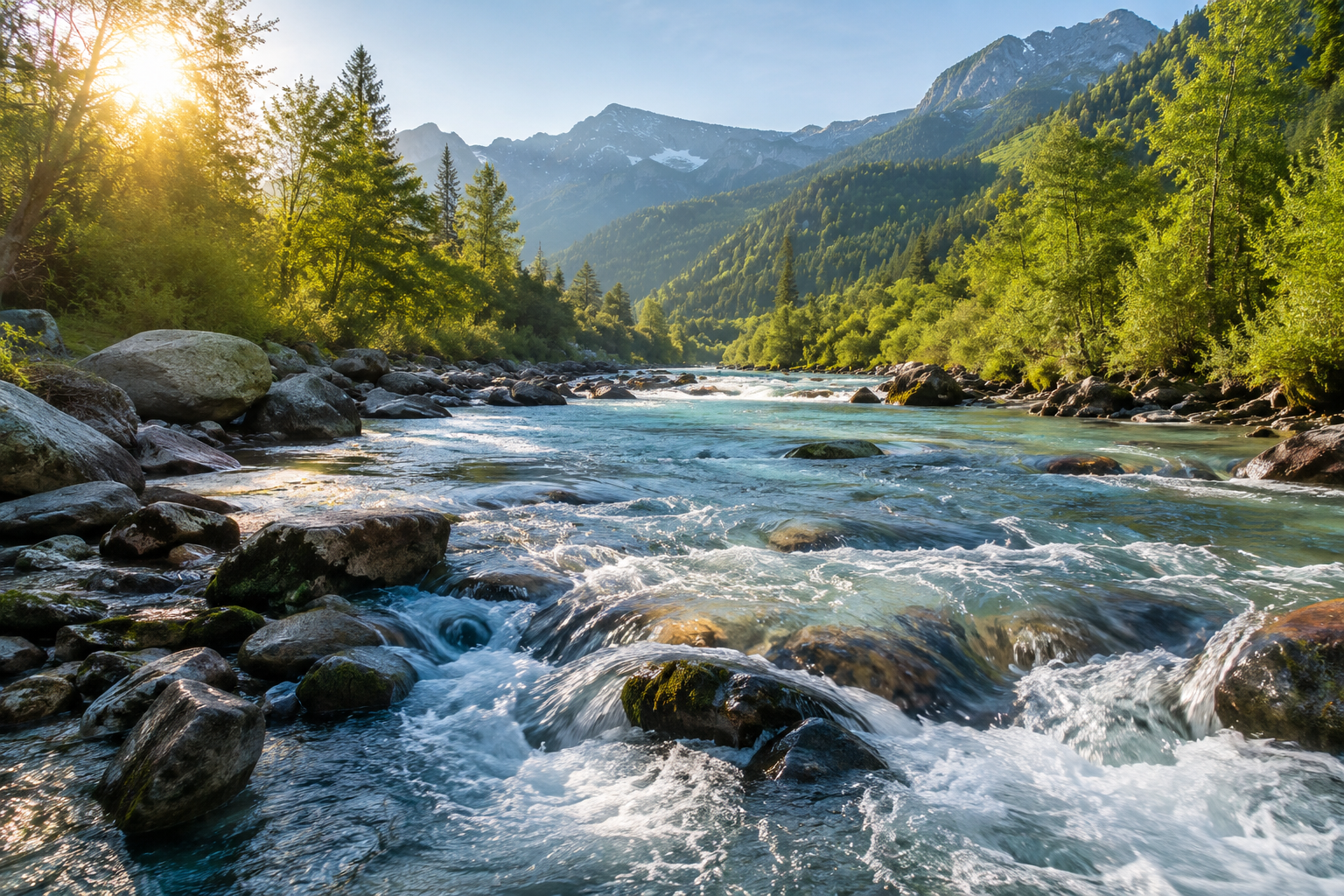 A crystal-clear mountain river rushing over rocks, surrounded by green trees, with sunlight breaking through the forest