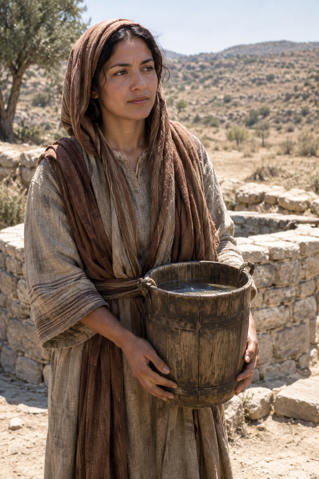 A woman in biblical-era clothing holding a wooden bucket, standing near a stone well