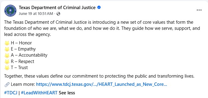 TDCJ Newest Core Values - Thoughts?